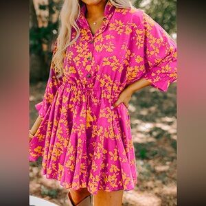 1050. Floral print drawstring tunic dress pink